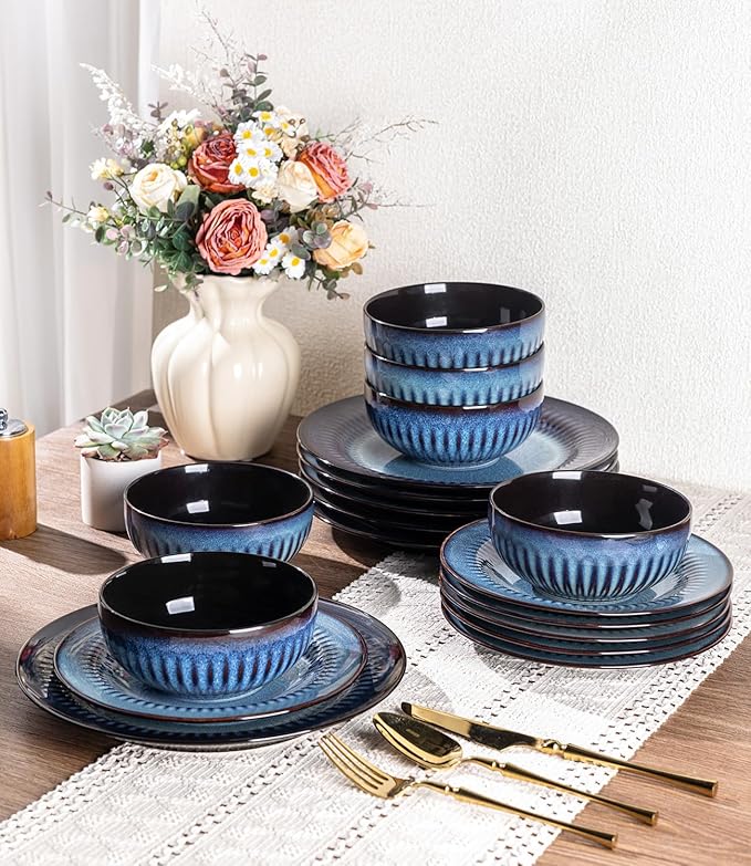 LERATIO Ceramic Dinnerware SetsHandcraft Embossed Plates and Bowls SetsDishwasher &amp Microwave &amp Oven Safe Dishes set-White