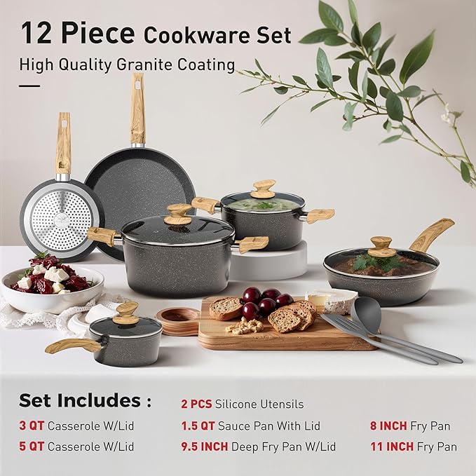 DishDelight Induction Pots and Pans Set 12 Piece Nonstick Cookware Granite Cooking Set with Frying Pans Gray