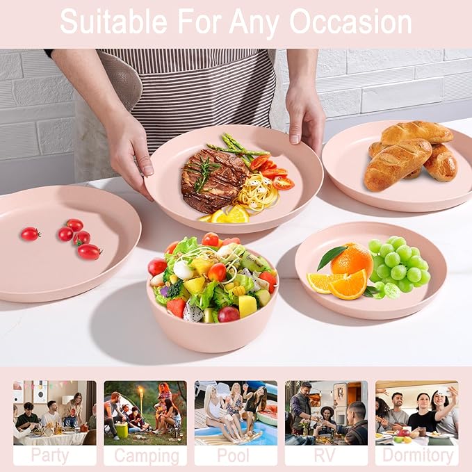 EI 12pcs Pink Wheat Straw PlatesWheat Straw Dinnerware Set for 4Plates and Bowls SetsPlastic Plate ReusableUnbreakable Plastic Plate MelamineCamping Family Dishes Set