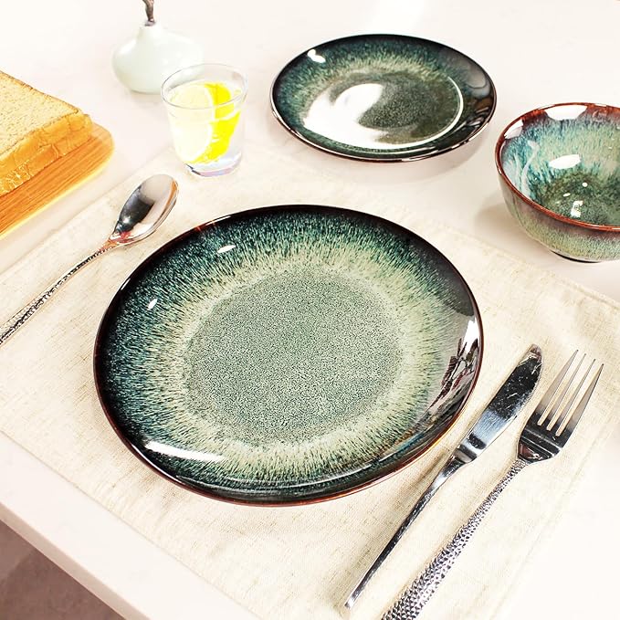Dinner Set 12 Pieces - Round Reactive Glaze Tableware - Kitchen Dinnerware Porcelain Crockery with Dinner Plate Bowl and Soup Plate Service for 4 Microwave Dishwasher Safe Set (No.2)