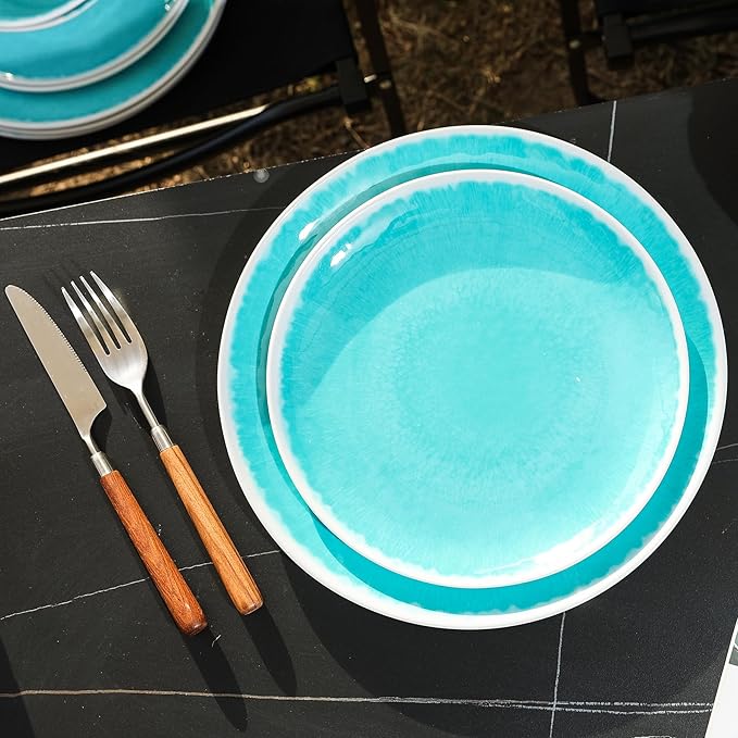 Melamine Dinnerware Sets 12 Pcs Melamine Plates and BowlsParty Plates and Bowls Sets Camping Dishes Set for 4 Unbreakable BPA Free Dishwasher Safe （Lake Green）