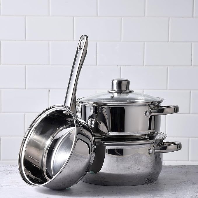 Cassel 5-Piece Set + Set of 3 Pans Diameter 16 / Diameter 20 / Diameter 24 cm Red Pressed Aluminium Non-Stick Coating Induction