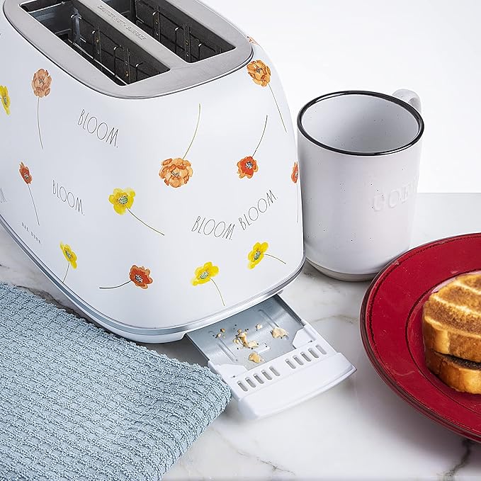 Rae Dunn Retro Rounded Bread Toaster 2 Slice Stainless Steel Toaster with Removable Crumb Tray Wide Slot with 6 Browning Levels Bagel Defrost and Cancel Options White Floral