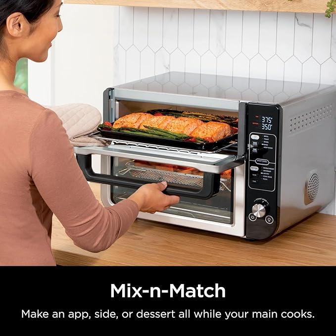 Ninja DCT400 10-in-1 Double Oven with FlexDoor FlavorSeal &amp Smart Finish Rapid Top Convection and Air Fry Bottom Bake Broil Air Roast Toast Air Fry Pizza and More Stainless Steel (Renewed