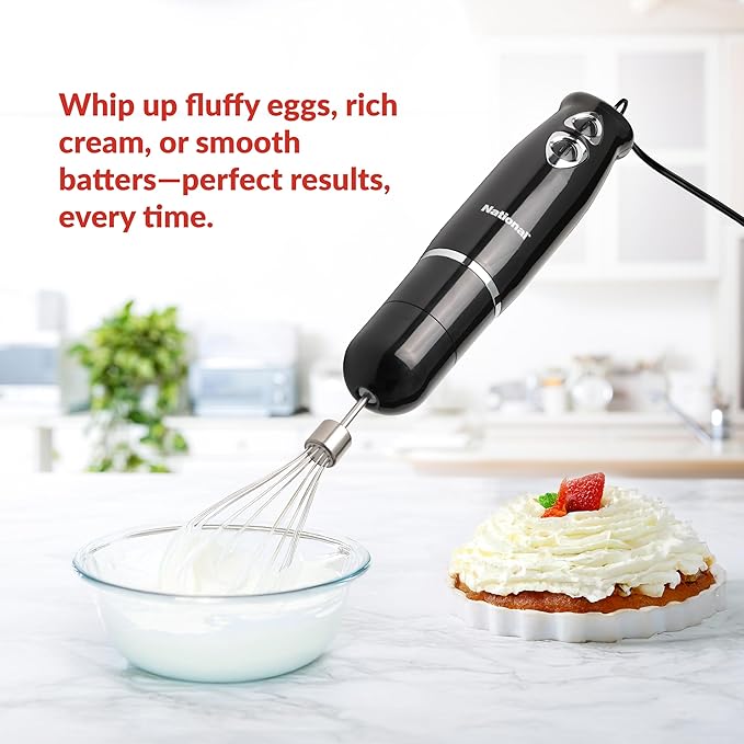 National NA-3104HB 4-in-1 Multi-Purpose Immersion Hand Blender Blend Puree Mash Chop and Whisk Two Speeds Splash Control and ETL Approved with Interchangeable Attachments (Black)