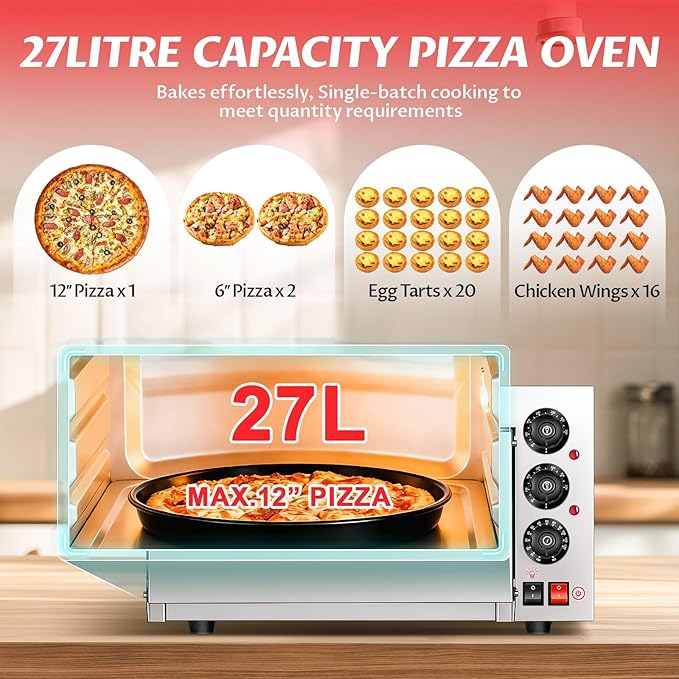 Commercial Pizza Oven 16 Inch Countertop Electric Pizza Oven with Pizza Stone Max Temperature Up to 662°F Stainless Steel Fast Baking Pizza Maker 1400W Energy Efficient Easy to Clean