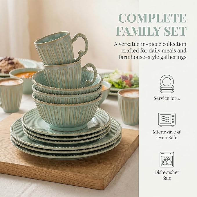 16-Piece Dinnerware Set for 4 Ceramic Plates Bowls and Mugs Dishwasher &amp Microwave Safe Ideal for Family Dinners Parties and Everyday Use Green