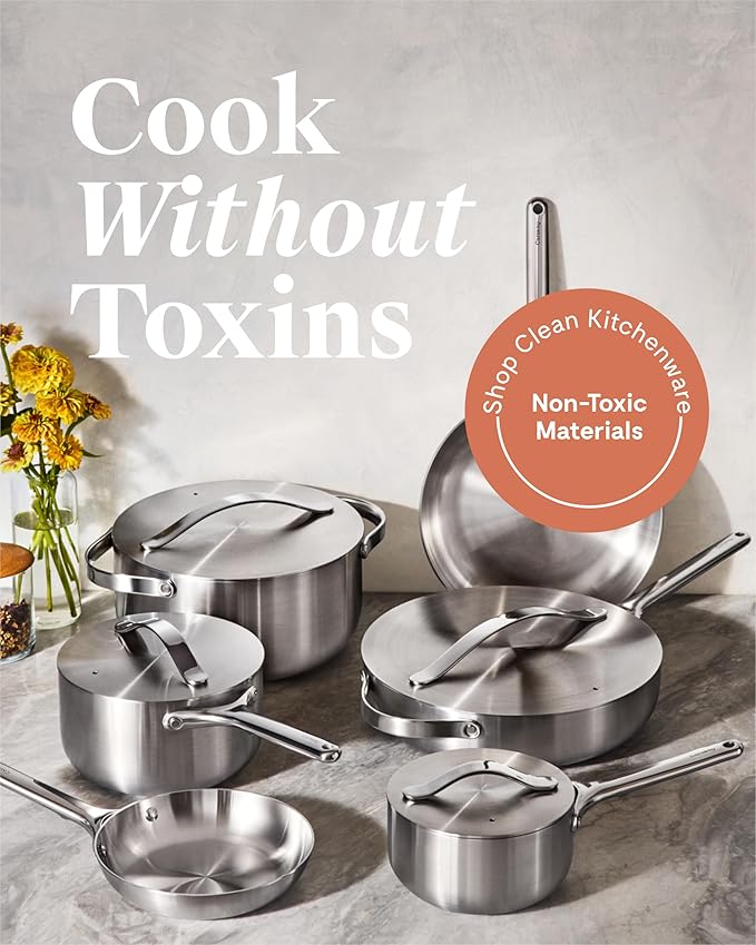 Caraway Stainless Steel Deluxe Cookware Set (16 Piece) - 5-Ply Stainless Steel Pots Frying Pans Lids and Kitchen Storage - Non Toxic PTFE &amp PFOA Free