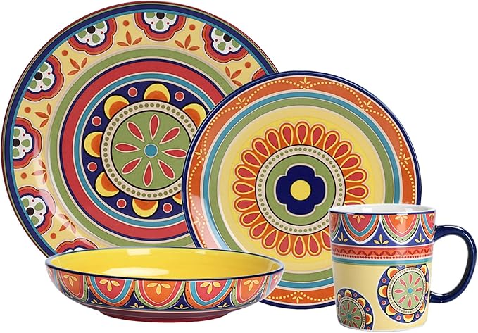 Bico Tunisian Ceramic 16 pcs Dinnerware Set Service for 4 Inclusive of 11 inch Dinner Plates 8.75 inch Salad Plates 35oz Dinner Bowls and Mugs for Party Microwave &amp Dishwasher Safe