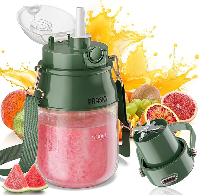 Portable Blender Prasky Personal Blenders for Shakes and Smoothies with 27oz Cup Lid and Shoulder Strap Type-C USB Rechargeable Personal Size Blenders BPA-free for Travel/Kitchen(Green)