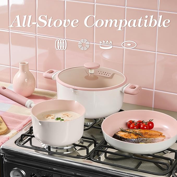 CAROTE Ceramic Cookware Set Nonstick 15pcs Pots and Pans Set Non stick Non Toxic CookwareDishwasherRV/Camping Cookware Set Pan and Pot with Kitchen Utensils Pink
