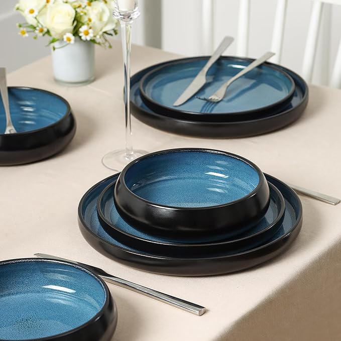 Stone Lain Lagoon 12-Piece Dinnerware Set Stoneware Plates and Bowls set Microwave and Dishwasher Safe Dish Set for 4 Blue