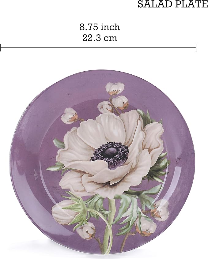Bico Purple Poppy Ceramic 12 pcs Dinnerware Set Service for 4 Inclusive of 11 inch Dinner Plates 8.75 inch Salad Plates and 35oz Dinner Bowls for Party Microwave &amp Dishwasher Safe