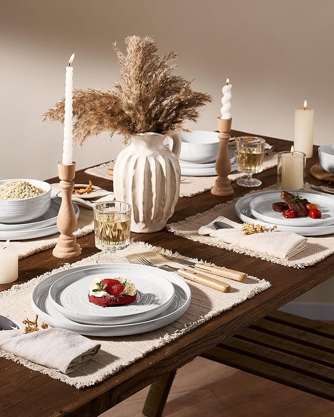 Stoneware Dinnerware Set Highly Chip and Scratch Resistant Everyday Plates and Bowls for 8 (24pcs) Reactive Glaze Speckled Ceramic Flared Dishes with Gift Box Microwave Dishwasher Safe White