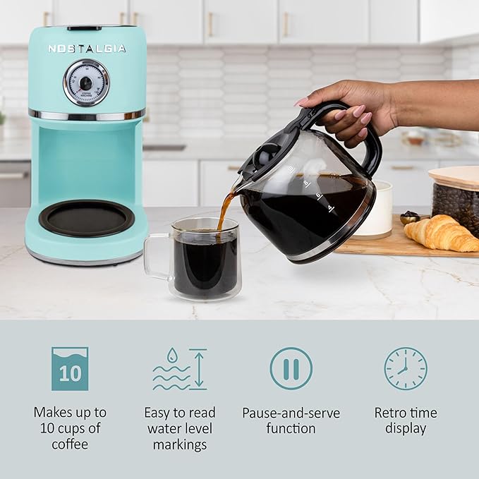 Nostalgia Classic Retro 10 Cup Coffee Maker - One-Touch Drip Brew Reusable Filter - Anti-Drip Auto Shutoff &amp Time Display - Dishwasher Safe 50 oz Carafe - Aqua