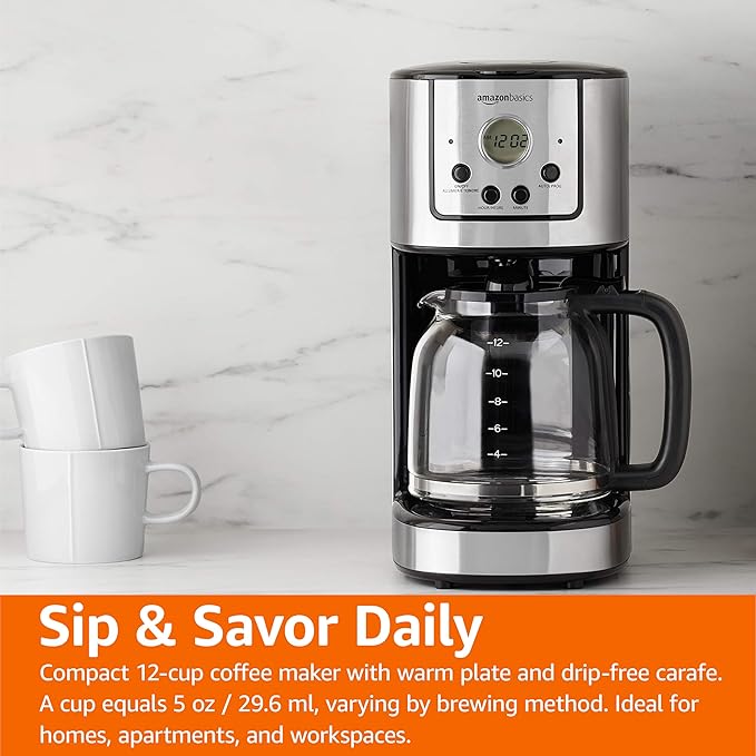 Amazon Basics Programmable Coffeemaker with Carafe and Reusable Filter Stainless Steel 12 Cups Black