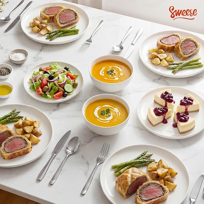 Sweese Porcelain Dinnerware Set of 6 Lightweight Round Plates and Bowls Set - Dishwasher Microwave Oven Safe Scratch Resistant Dinner Sets Kitchen Dishes Set - White