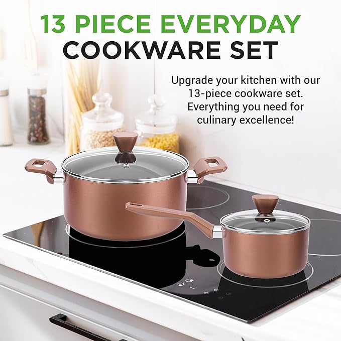 NutriChef Kitchenware Pots &amp Pans - Stylish Kitchen Cookware Set Non-Stick (13-Piece Set) Brown One Size (NCCWA13BR.5)