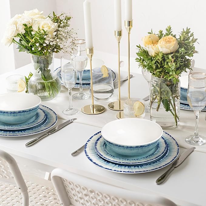 AELS Melamine Dinnerware Set of 12 Pcs Dinner Dishes Set for Indoor and Outdoor Use Dishwasher Safe Lightweight Unbreakable BPA Free Light Blue