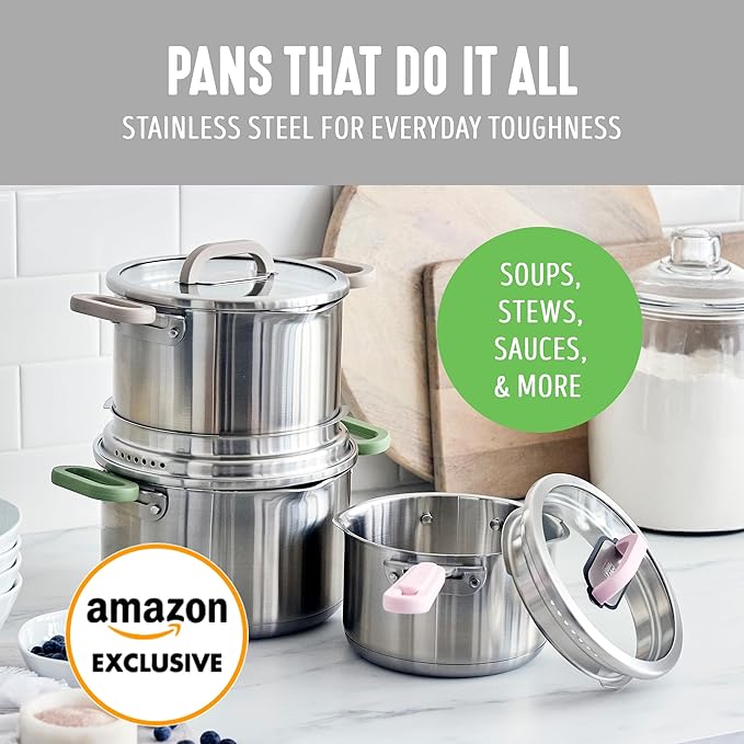BK Twisting by Greenlife Stainless Steel 6 Piece Locking Lid Cookware Set Built in Strainer Induction Pots &amp Pans Drip-Free Pour Spouts Silicone Handles Saucepan Stock Pot Dishwasher Safe