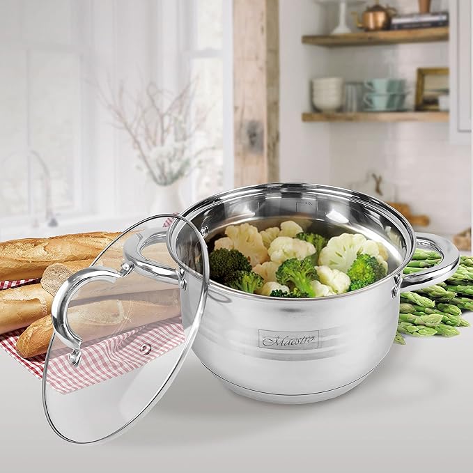 Maestro MR-3513-8 Stainless Steel Cookware Set 8 Pieces Induction 4 Saucepans 4 Glass Lids Suitable for All Kinds of Kitchens Dishwasher Safe