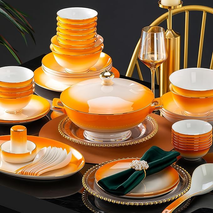 70 Pcs Fine Bone China Dinnerware Set Porcelain &amp Ceramic Dinnerware Sets Bone Stoneware &amp Ceramic Cookware Tableware Set Includes Dinner Plates|Spoons|Pasta Bowls|Soup Pot|Chopsticks