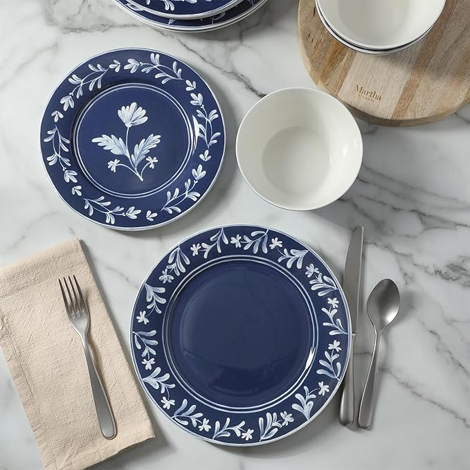 Martha Stewart Maiden Crown 12-Piece Sky Blue Dinnerware Set – New Bone China Ceramic Plates &amp Bowls – Floral Design – Service for 4 – Microwave &amp Dishwasher Safe