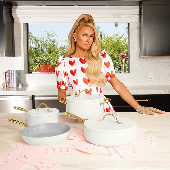 Paris Hilton Iconic Nonstick Pots and Pans Set Multi-layer Nonstick Coating Matching Lids With Gold Handles Made without PFOA Dishwasher Safe Cookware Set 10-Piece Cream
