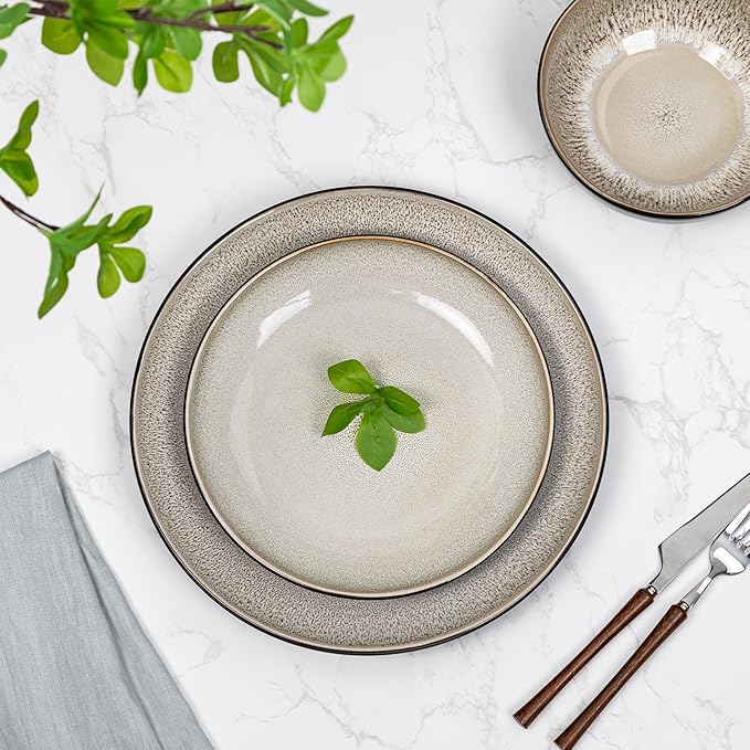 Plates and Bowls Sets for 6 - CJDC-QUELO 24-Piece Stoneware Dinnerware Sets Ceramic Dishware Set for Indoor Kitchen Use and Formal Dining Chip and Scratch Resistant Microwave Dishwasher Safe Brown