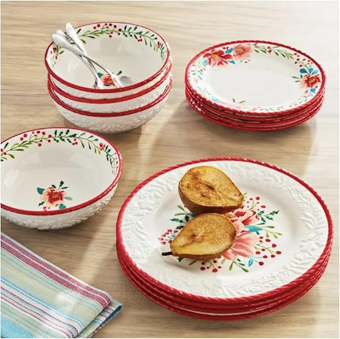 Merry Meadow Red 12-Piece Stoneware Dinnerware Set