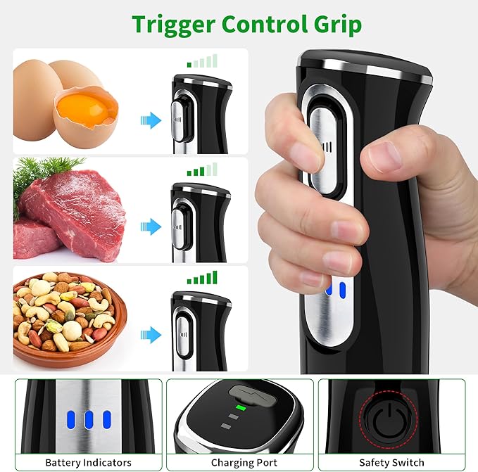 Cordless Immersion Blender Handheld Rechargeable 4 In 1 Electric Hand Blender Stick Blender Variable Speed with Chopper Beaker Whisk Stainless Steel Blade for Soup Baby Food Smoothies
