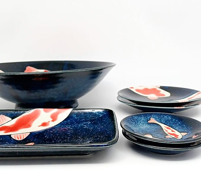 Made in Japan Koi Fish Ceramic Dinnerware Set – 6-Piece Blue &amp Red Plates and Bowls | Hand-Painted Carp Motif | Dishwasher Safe | Japanese Tableware Gift Set