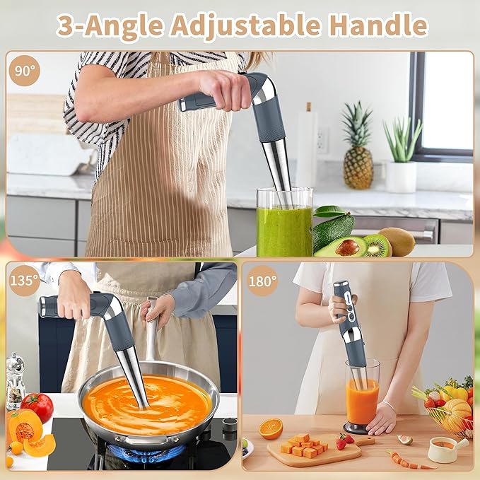 Toogel Cordless Immersion Blender Electric Hand Blender with 21-Speed &amp 3-Angle Adjust USB Rechargeable BPA-Free &amp Dishwasher Safe for Baby Food Smoothies Soup (Grey)
