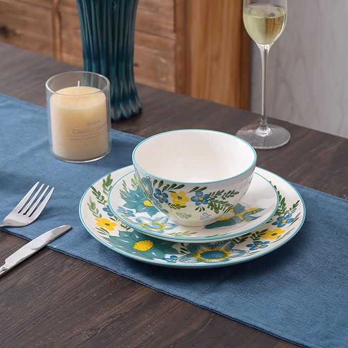 HomePop Ceramic 12-Pieces Dinnerware SetsDish Plates and Bowls Sets - Blue Turquoise