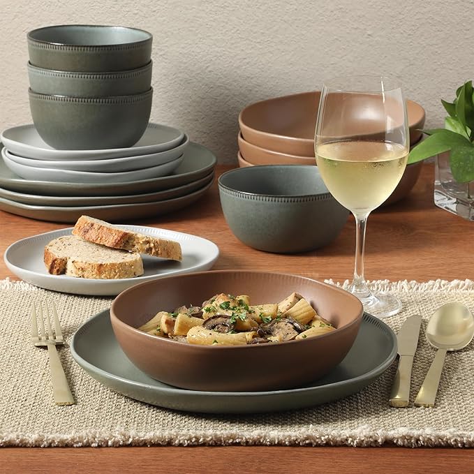 Gibson Elite Menlo Park 16-Piece Pottery Clay Stoneware Dinnerware Set – Assorted Color Reactive Glaze Organic Shape Embossed Plates and Bowls W/Pasta Bowl Service for 4 Microwave Dishwasher Safe