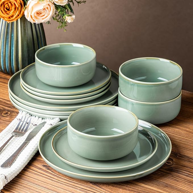 TheTerra Ceramic Dinnerware Sets for 4 12 Pieces Handmade Reactive Glaze Plates and Bowls Set Scratch Resistant Dish Set Oven &amp Microwave &amp Dishwasher Safe Eucalyptus