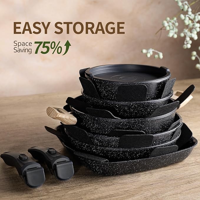 23pcs Ceramic Pots and Pans Set Nonstick Detachable Handle Cookware Induction Kitchen Cooking Set with Removable Handleinclude Frying Pans &amp Saucepans Oven Safe (Black)