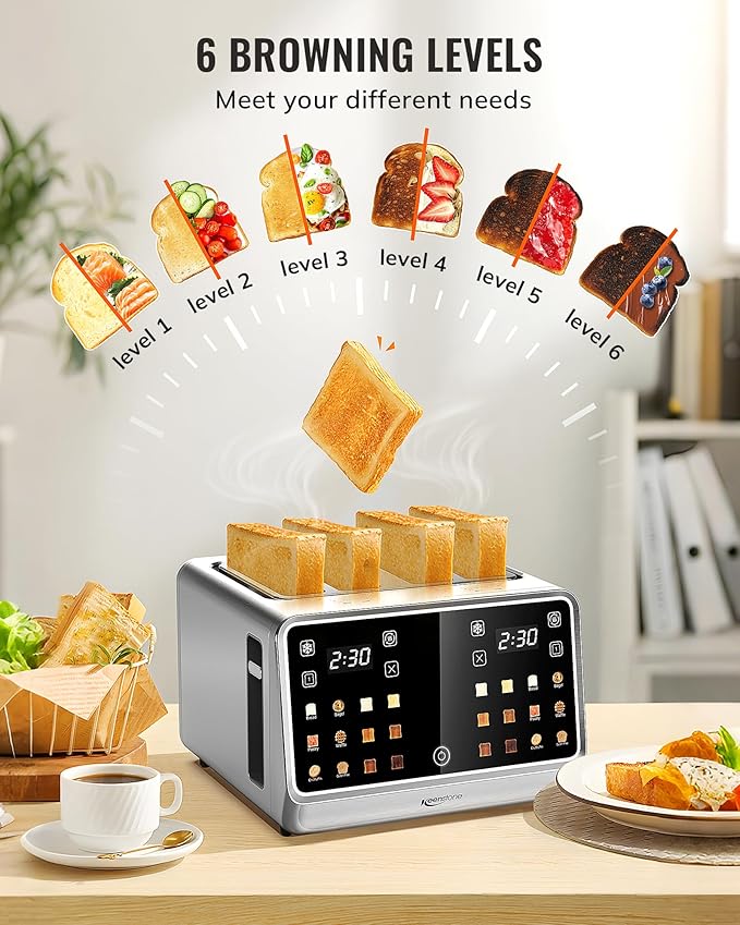 Toaster 4 Slice with TouchScreen Memory Function &amp Single-Slot Focus Keenstone 1800W Smart Digital Toaster for Ultimate Control Wide Slot to Reheat &amp Defrost Bagels Bread Waffles Stainle