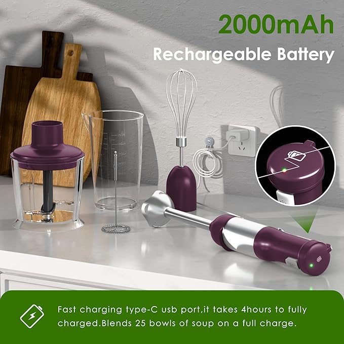 Cordless Immersion Hand Blender 5-in-1 Variable Speed blender handheldRechargeable with 2000mAh Battery BPA-Free &amp Dishwasher-Safe Accessories:700ml BeakerChopperWhisk &amp Milk FrotherPlum