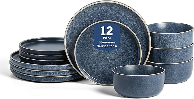 Earth &amp Clay Amber 12-Piece Dinnerware Set Stoneware Dishwasher and Microwave Safe Plates and Bowls Set Dish Set for 4 Blue