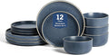 Earth &amp Clay Amber 12-Piece Dinnerware Set Stoneware Dishwasher and Microwave Safe Plates and Bowls Set Dish Set for 4 Blue