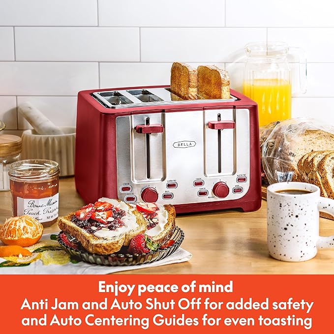 bella 4 Slice Toaster with Auto Shut Off Extra Wide Slots &amp Removable Crumb Tray and Cancel Defrost &amp Reheat Function Toast Bread &amp Bagel Red