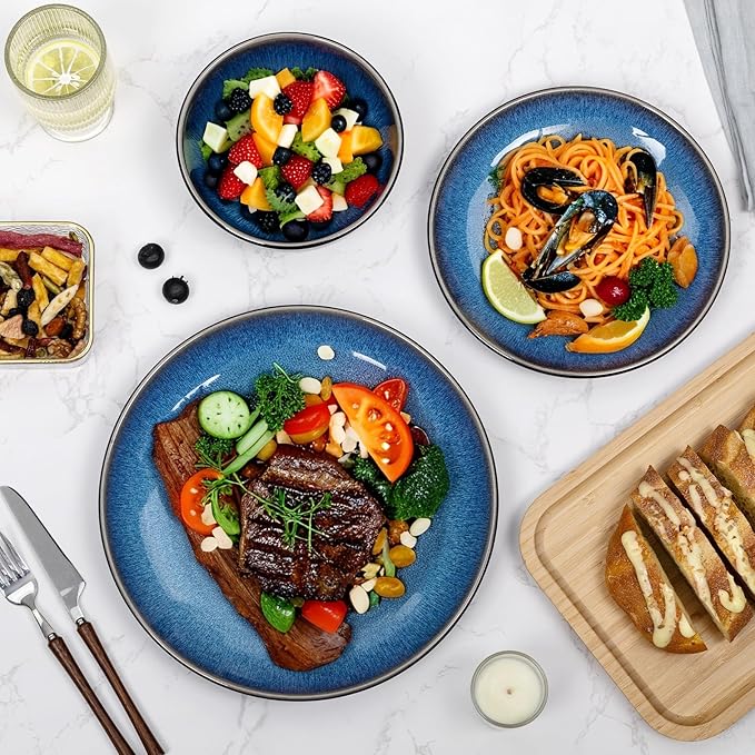Plates and Bowls Sets for 4 - CJDC-QUELO 12-Piece Stoneware Dinnerware Sets Ceramic Dishware Set for Kitchen Use and Formal Dining Chip and Scratch Resistant Microwave Dishwasher Safe Blue