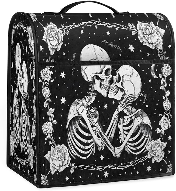 Kitchen Aid Mixer Cover Halloween Flower White Skull Stand Mixer Cover Compatible with 6-8 Quarts Stand Mixers Dust Covers with Zipper Pocket Foldable Washable Kitchen Aid Organizer Bag