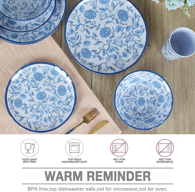 Melamine Dinnerware Set for 4-16 Pcs:Camping Dishes Set with Dinner PlatesSalad PlatesCups and Bowls.Lightweight and Unbreakable.Indoor and Outdoor Use.