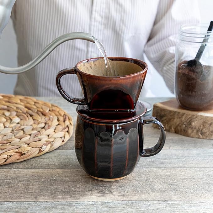 Asayu Japan Ceramic Coffee Pour Over Maker Set in Chocolate Brown Slow Brewing Paper Filter Holder and Dripper with 3 Holes for Coffee and Tea (Coffee Dripper Cone)