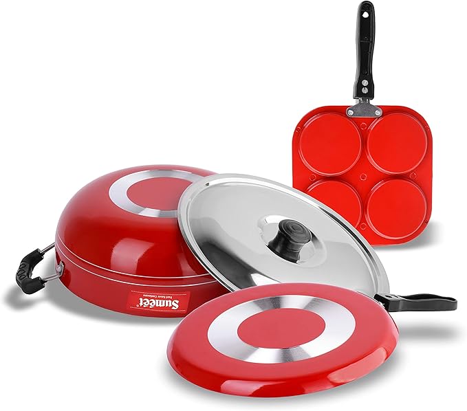 Sumeet 2.6mm Thick Non-Stick Red Blush Combo set (Dosa Tawa – 26.5cm Dia + Multi snack maker – 26.5cm Dia + Kadhai With Lid – 1.5Ltr capacity- 20cm Dia)