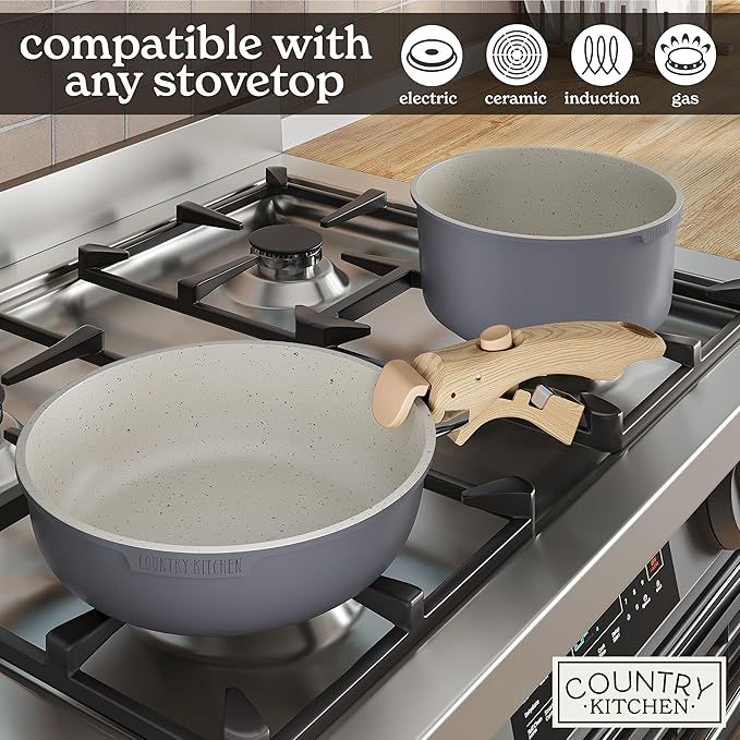 Country Kitchen Cookware Set with Removable Handle Oven &amp RV Safe Pots and Pans Set Grey/Ivory Wood Handle Original