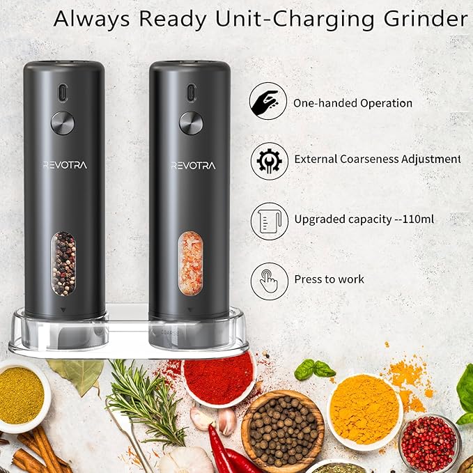 Electric Salt and Pepper Grinder Set Rechargeable Automatic Salt and Pepper Shakers with 6 Adjustable Coarseness Christmas Gift Larger Capacity LED Light One-Handed Operation 2 Packs