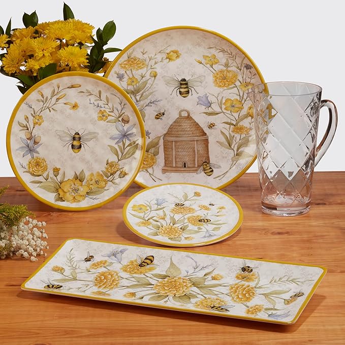 Certified International Bee Sweet 12-Piece Melamine Dinnerware Set Service for 4 Bee &amp Floral Plates and Bowls Durable Shatterproof Outdoor Tableware for Spring &amp Summer Entertaining